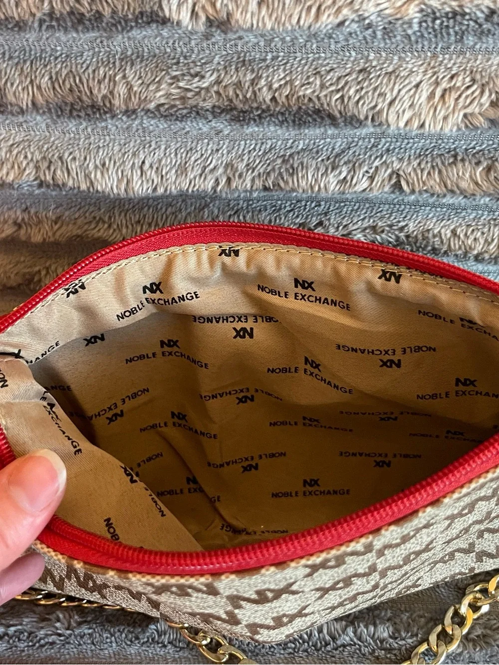 MK-inspired Beige & Brown Chain Shoulder Pouch with Red Trim